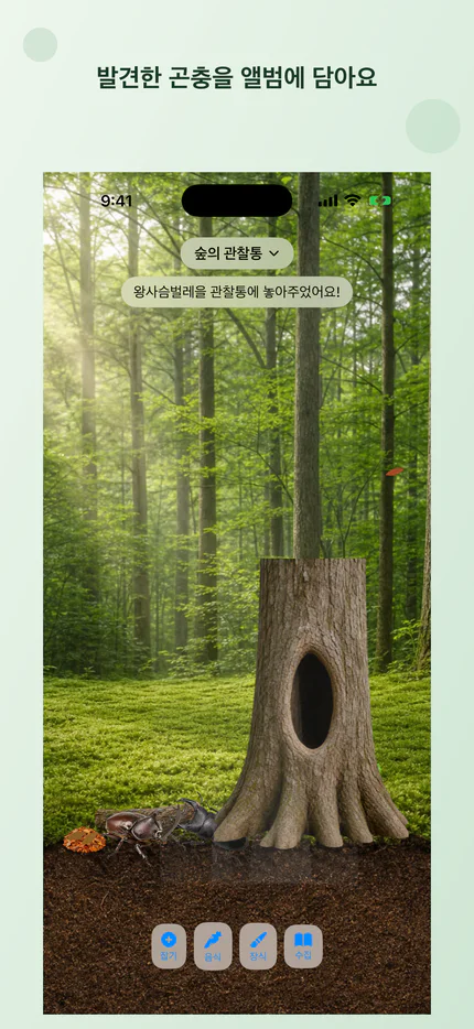발견한 장수풍뎅이를 나의 곤충 앨범에 추가하는 화면